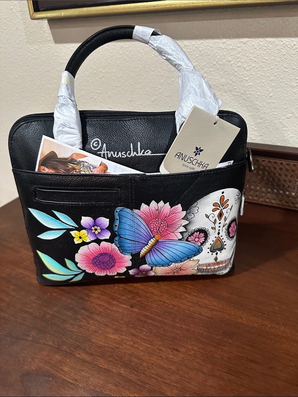 Anuschka Black Hand-Painted Leather Tote with Colorful Butterfly & Floral Design